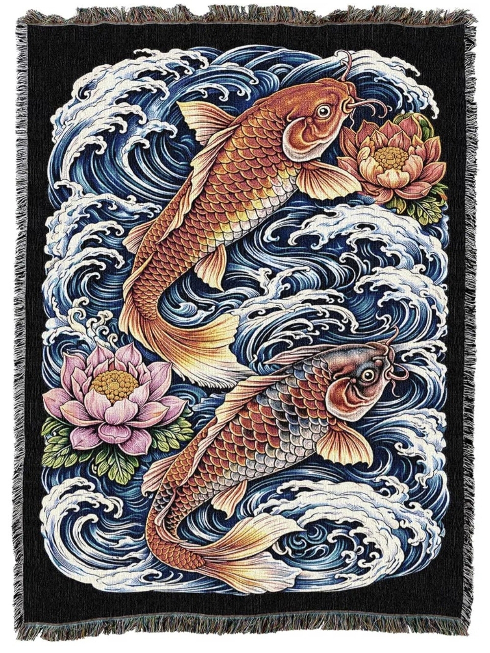 Koi Fish Decorative Throw Blanket - Orange Blue Lotus Design